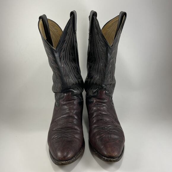 Justin Cowboy Boots Mens Size 9D Two Tone Burgundy Black Leather Almond Toe 1509 - Picture 9 of 10